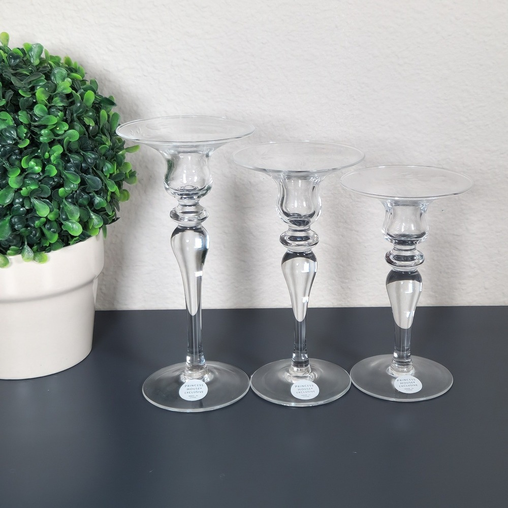 Princess House Heritage Etched Glass Candle Holders Set of 3 Graduated Heights